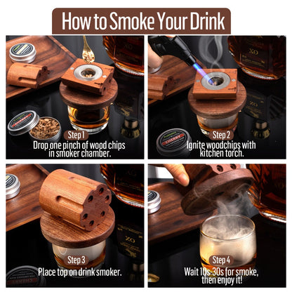 Whiskey Smoker Kit with 4 Wood Chip Flavors & Filters, Cocktail Smoker Set, Whiskey Gifts for Men