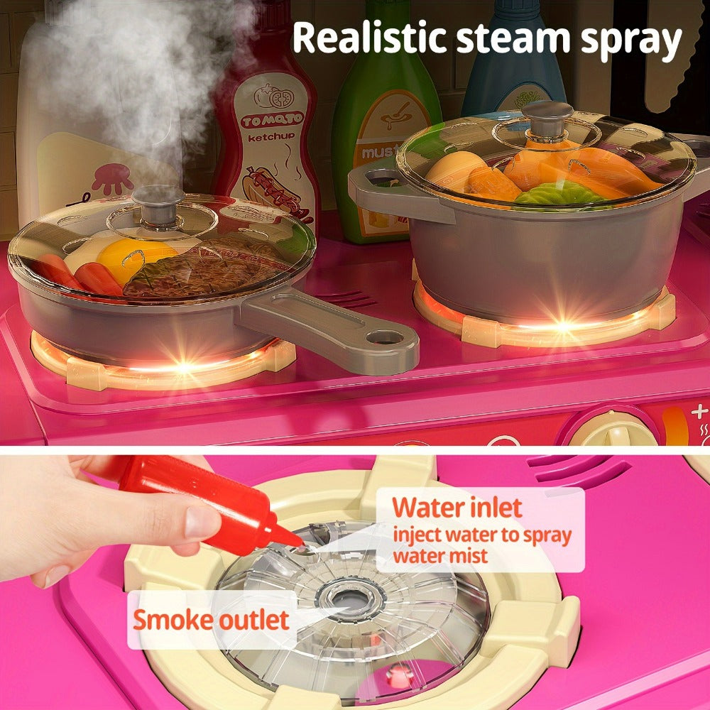Pretend Play Kitchen Playset with Lights & Sounds, Interactive Toy Kitchen Accessories for Toddlers Ages 3+