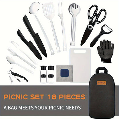 Camping Cookware Set, 18-Piece Stainless Steel Camp Kitchen Utensil Kit with Knives, Flatware and Organizer Case