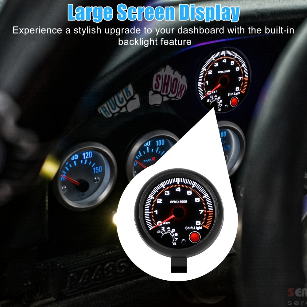 Car Tachometer Gauge 12V 0-8000 RPM 3.75 Inch – LED Shift Light, ABS Black Dial for 4 6 8 Cylinder Petrol Engines