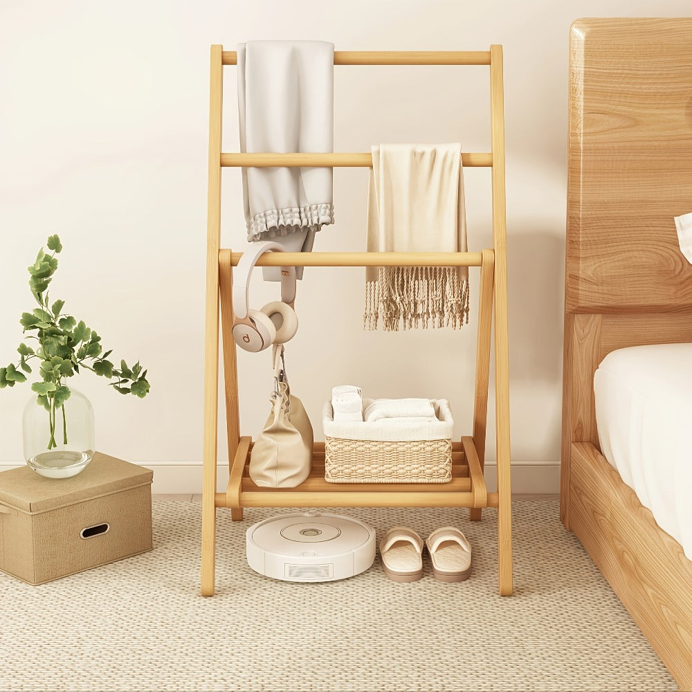 Bamboo Drying Rack 3 Tier Foldable with Storage Box – Space Saving Freestanding Clothes Hanger for Apartment, Bedroom, Bathroom & Balcony