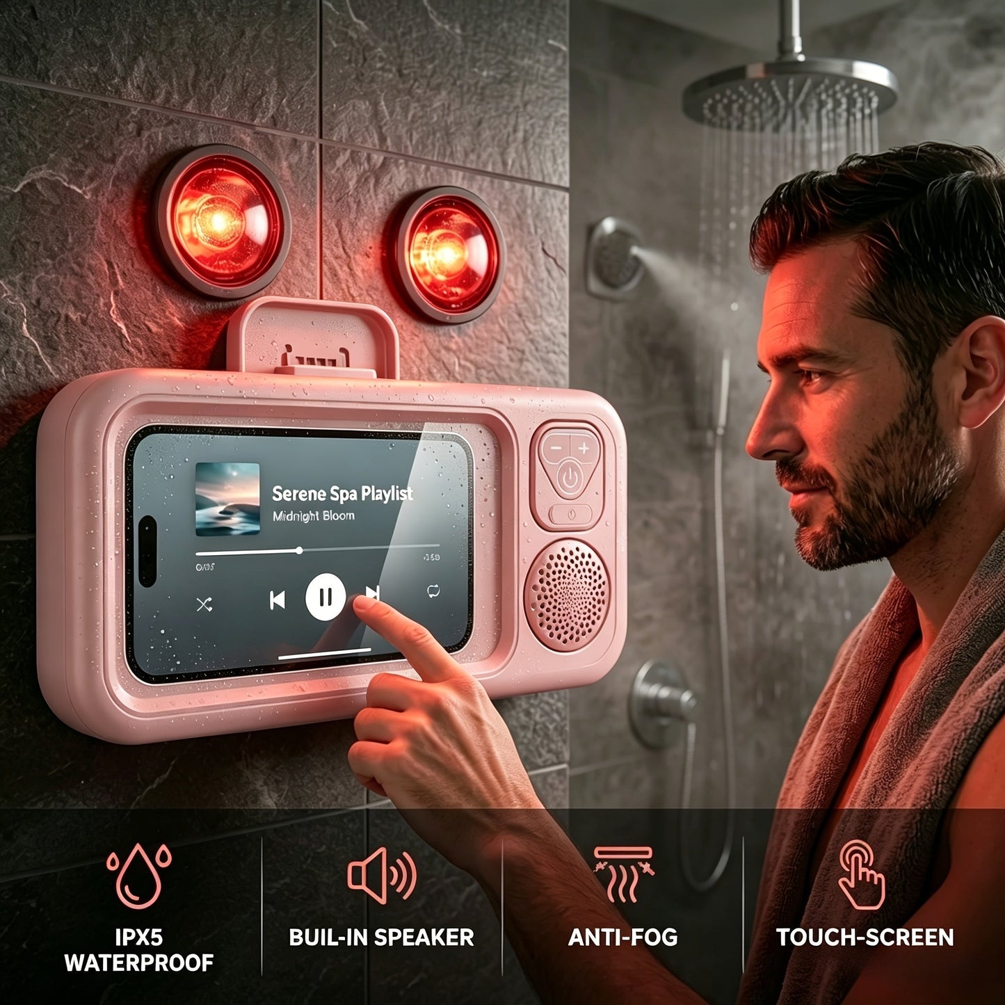Shower Phone Holder with Bluetooth Speaker Built-In, 360-Degree Rotation Mount, Universal Fit for All Phones