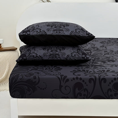 Gothic Skull Fitted Sheet Set 3-Piece, Victorian Baroque Halloween Bedding, 1 Deep Pocket Fitted Sheet + 2 Pillowcases