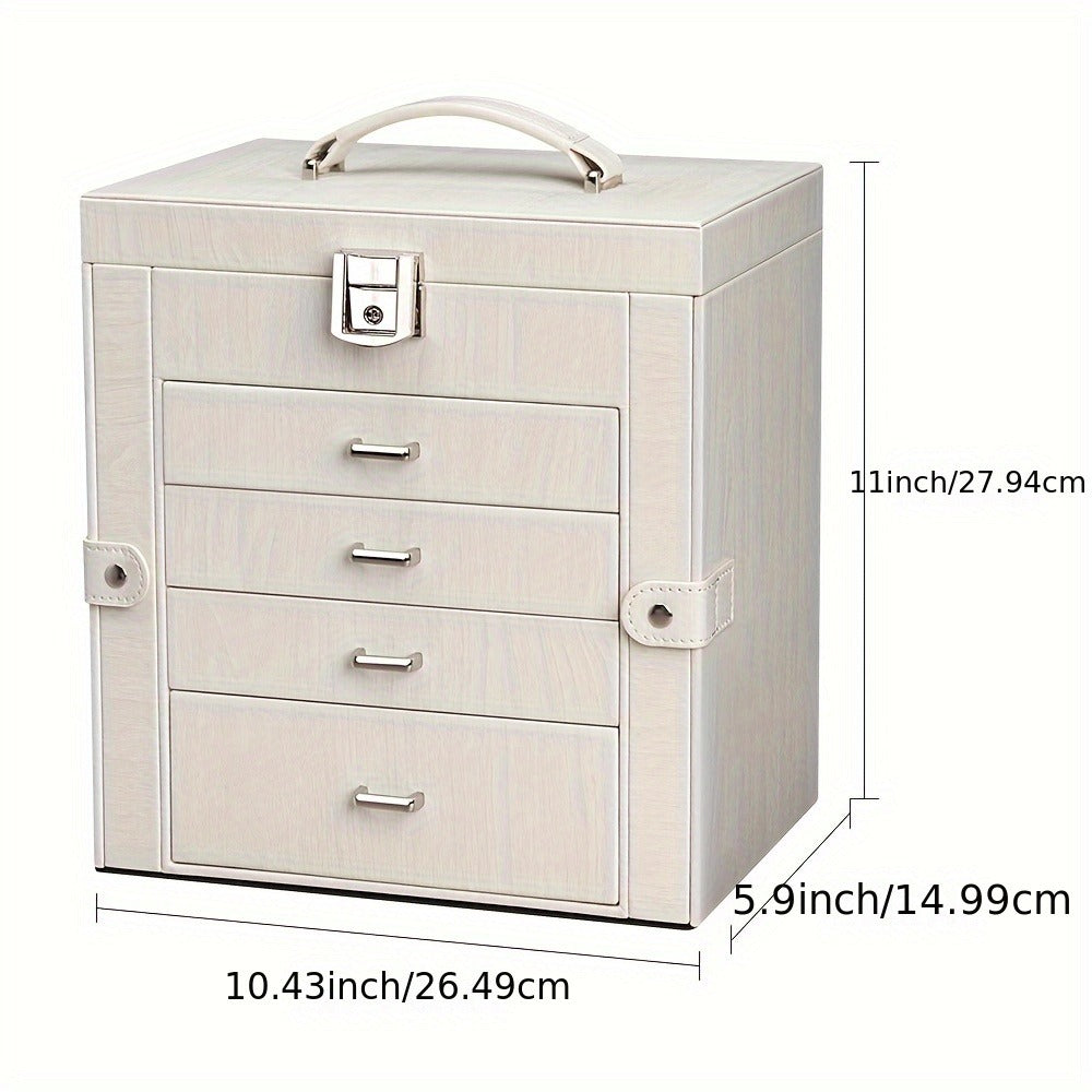 Jewelry Box, Five-Tier PU-Leather Organizer with Built-In Mirror, Key Lock and Three Color Options