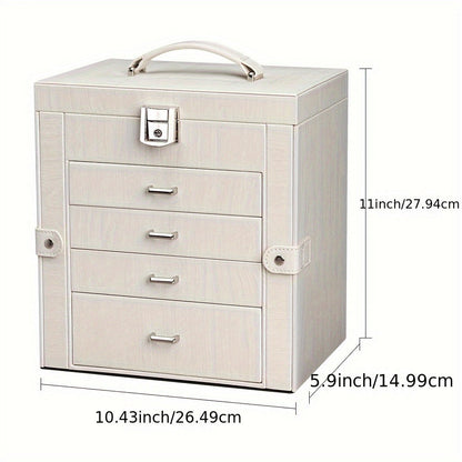 Jewelry Box, Five-Tier PU-Leather Organizer with Built-In Mirror, Key Lock and Three Color Options