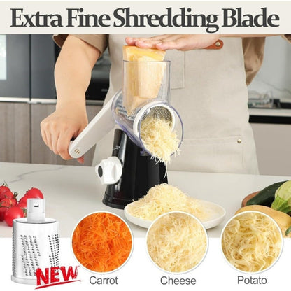 Rotary Cheese Grater with Hand Crank, 3 Interchangeable Blades for Cheese, Vegetables & Nuts, Suction Base