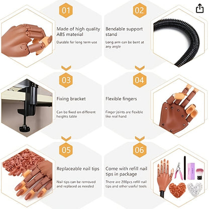 Nail Practice Hand Kit for Acrylic Nails Flexible Training Hand with 200pcs Replacement Nail Pads Clippers