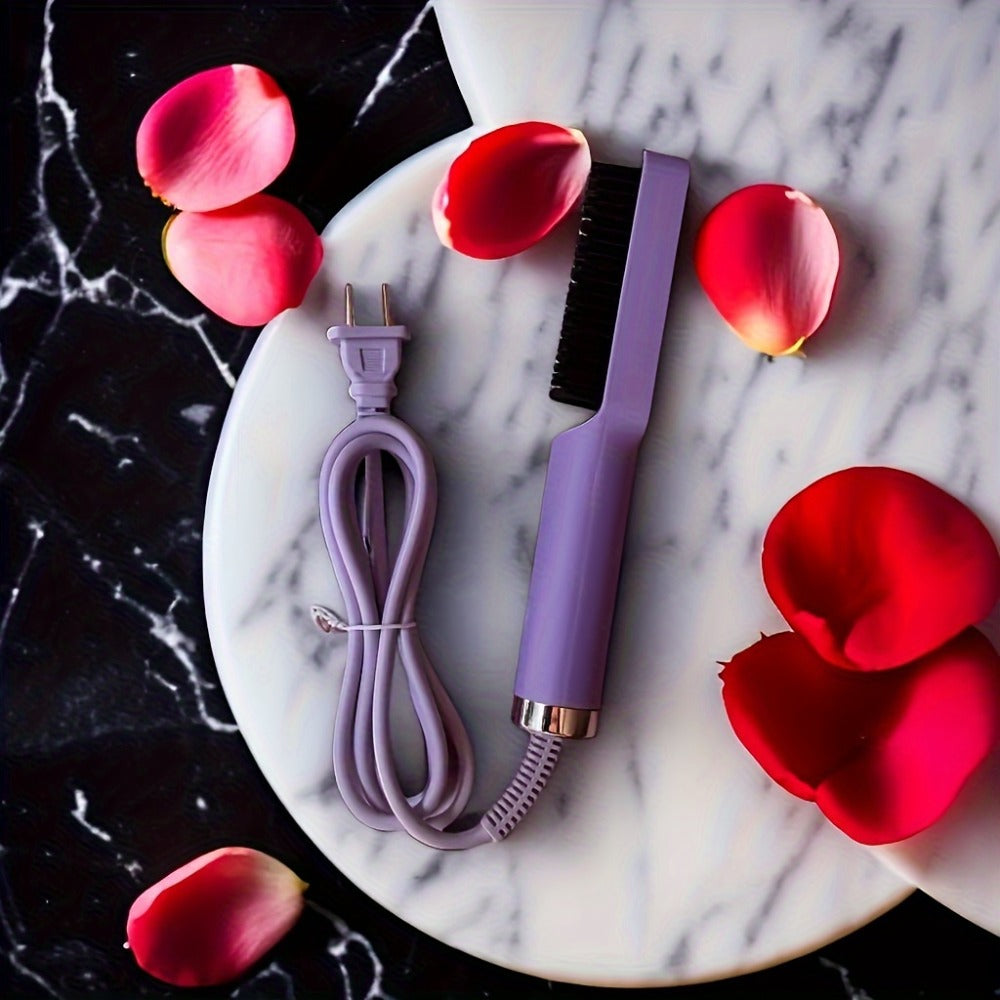Compact Hair Straightening Brush with Three Color Options, LED Indicators and Three Pictured Heat Levels