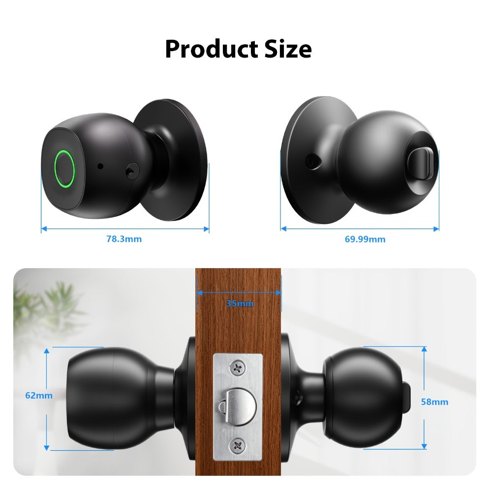 Smart Door Lock Tuya Smart Life Round Knob with Fingerprint App and Mechanical Key Access in Black