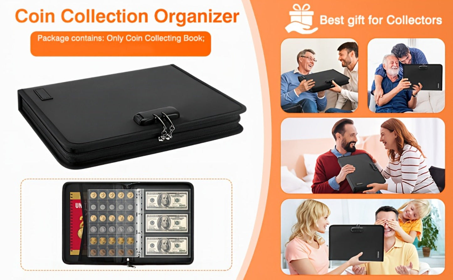 300-Pocket Coin Collection Book with Lock – Fireproof Holder, 72 Currency Sleeves, Coin Organizer Album for Pennies