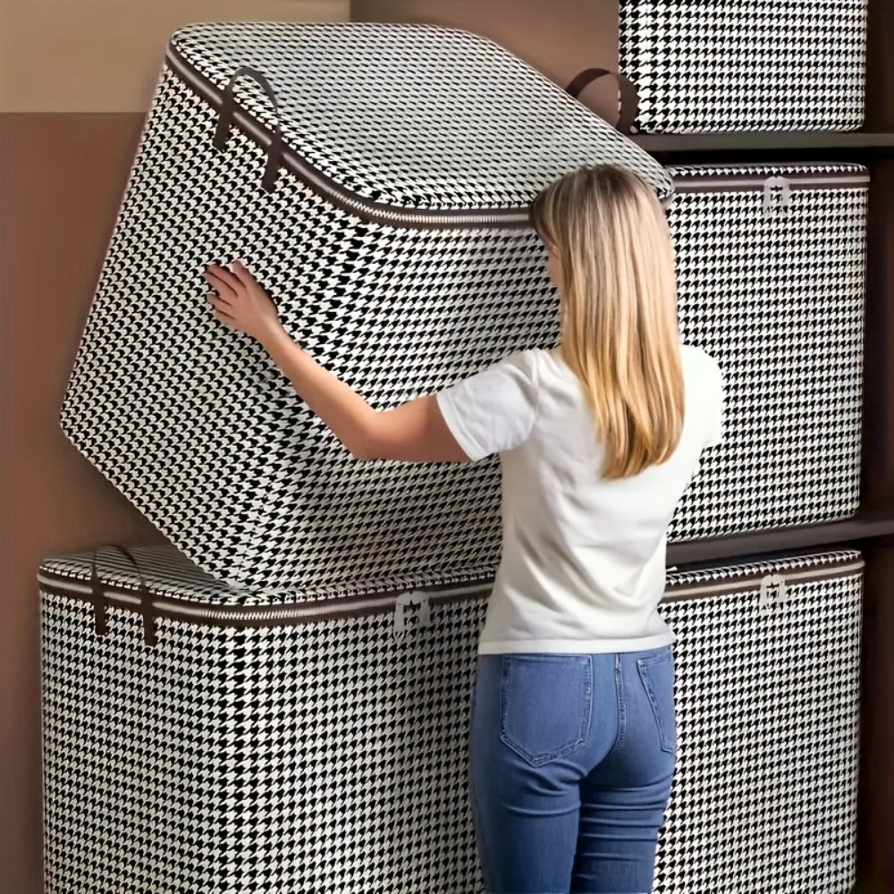 Large Storage Bags Houndstooth Non-Woven Fabric Organizer with Double Zipper & Handles – 160L/180L Dustproof Foldable Storage Box