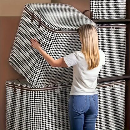 Large Storage Bags Houndstooth Non-Woven Fabric Organizer with Double Zipper & Handles – 160L/180L Dustproof Foldable Storage Box