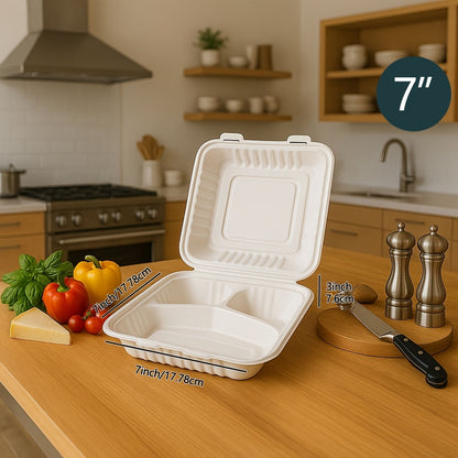 Disposable Food Containers Take Out Boxes with Lids - 7" 8" 9" Plastic Clamshell Meal Prep Containers 1 & 3 Compartment Reusable White