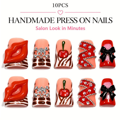 Press On Nails 10-Piece Short Duckbill Acrylic Set with Skull, Cherry, Bow, Rhinestone and Zebra Details