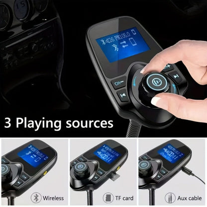 Flexible-Neck Car FM Transmitter with 1.44-Inch Display, Dual USB Ports, AUX Jack and Rotary Control