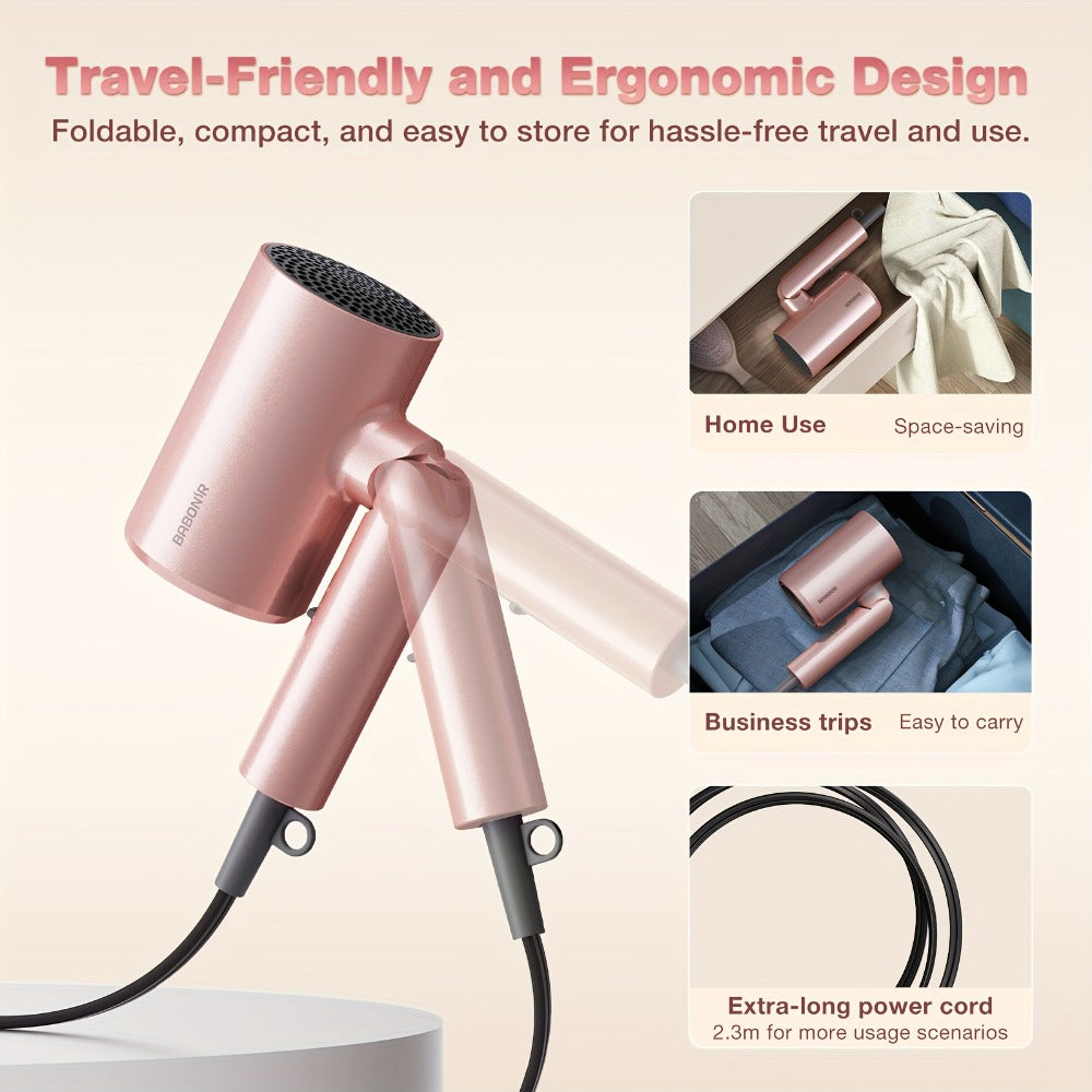 1875W Ionic Travel Hair Dryer Foldable with Diffuser & Concentrator Nozzle – Brushless Motor, 3 Heat Settings, 2 Speeds