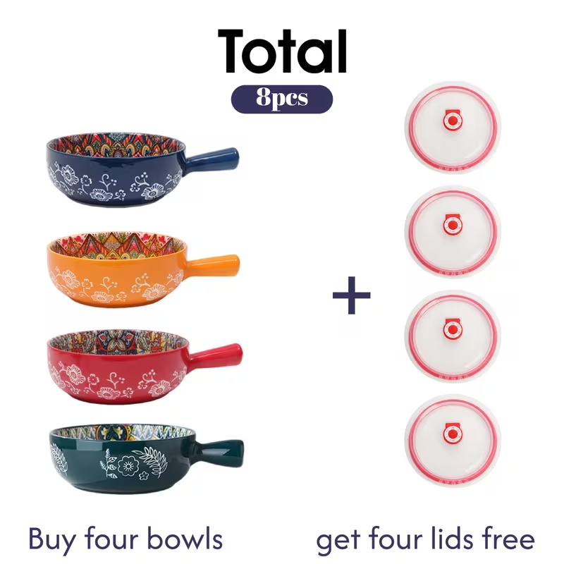 Ceramic Bowl Set with Lids 8-Piece Bohemian Soup Noodle Salad Bowls, for Home Cooking, Dining and Outdoor Meals