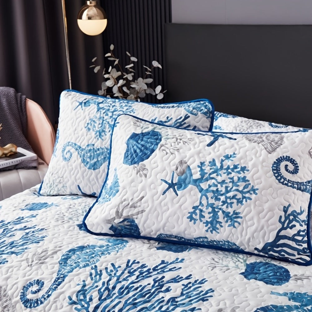 Duvet Cover Set 3 Piece Ocean Style Seahorse Coral Pattern Soft Breathable Microfiber Bedding Set with 2 Pillowcases Machine Washable
