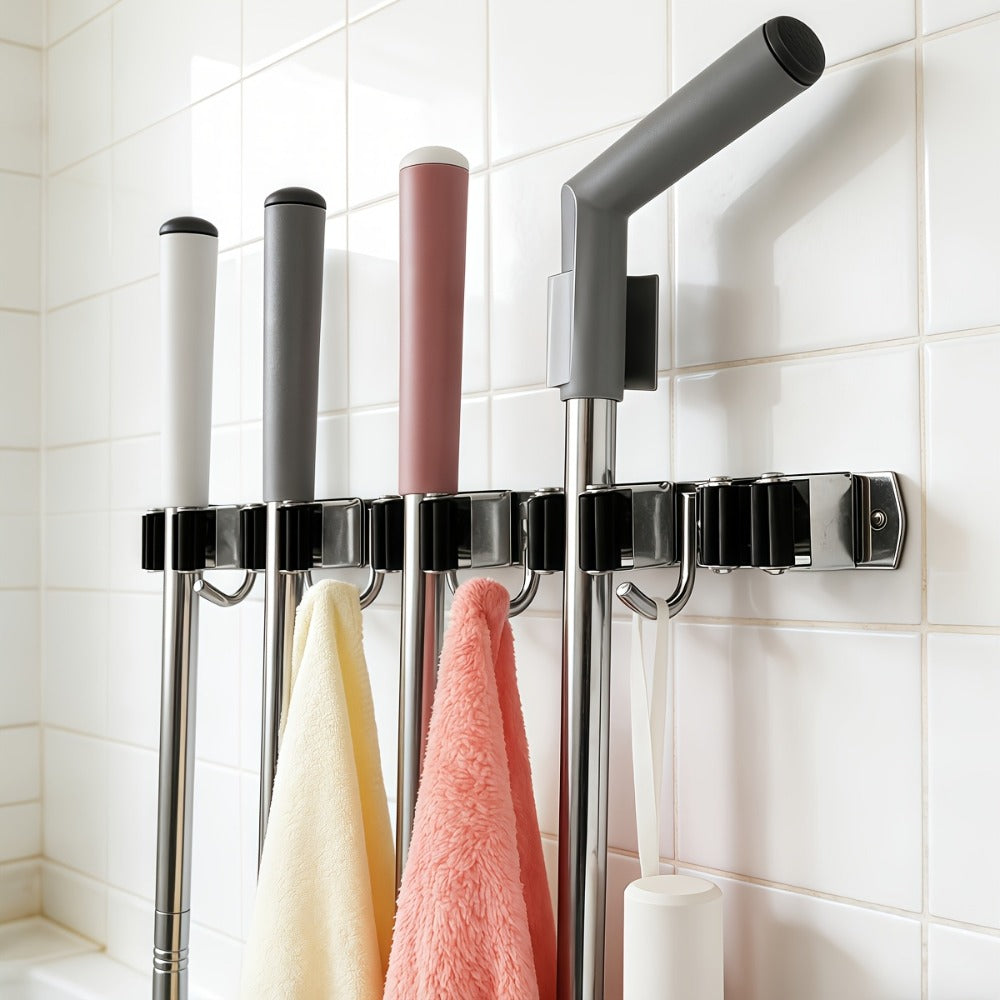 Mop and Broom Holder Wall Mount, Stainless Steel Self Adhesive Rack with 5 Slots & 4 Hooks