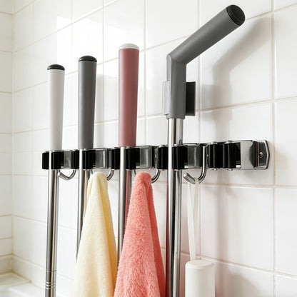 Mop and Broom Holder Wall Mount, Stainless Steel Self Adhesive Rack with 5 Slots & 4 Hooks