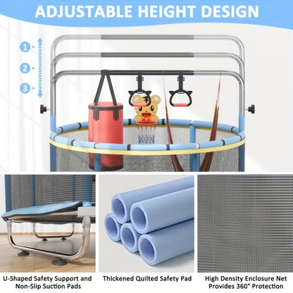 60 Inch Trampoline with Enclosure and Gymnastics Bar, Height Adjustable Indoor Outdoor Round Trampoline with Toys for Kids
