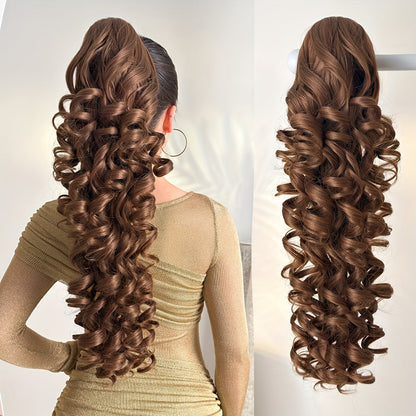 Curly Ponytail Extension 28 Inch Long Heat Resistant Synthetic Clip In Wrap Around Hairpiece Voluminous Bouncy Curls 4 Styles for Women