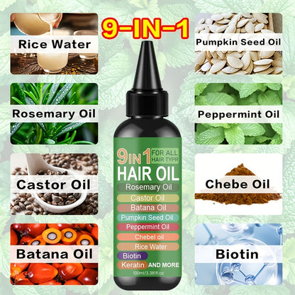 Rosemary 9-in-1 Hair and Scalp Oil, 100ml Nozzle Bottle with Rice Water, Batana, Castor and Biotin Labels