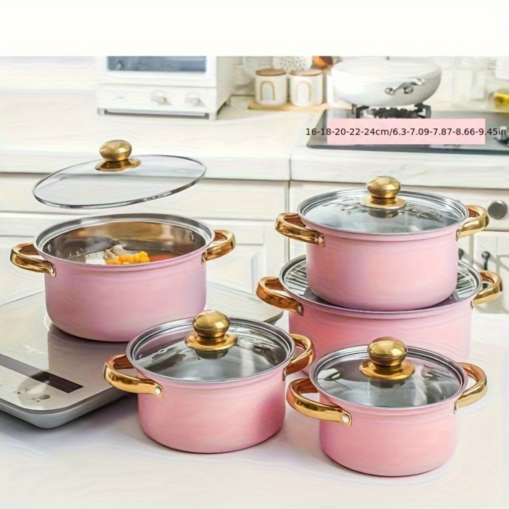 304 Stainless Steel Cookware Set with Golden Handles, 1/10/15pcs Deep Thick Soup Pot & Pan Set for Induction & Gas Stoves