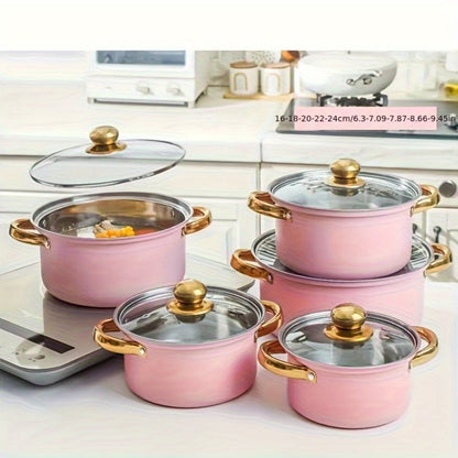 304 Stainless Steel Cookware Set with Golden Handles, 1/10/15pcs Deep Thick Soup Pot & Pan Set for Induction & Gas Stoves