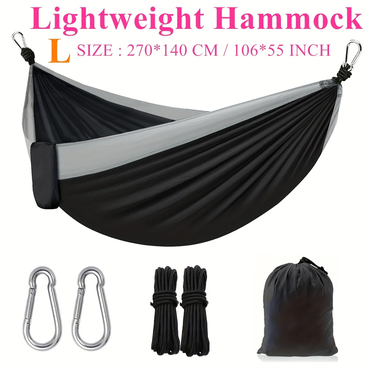 Green Lightweight Camping Hammock with 87 x 35-Inch Nylon Bed, Two Hooks, Suspension Ropes and Carry Bag