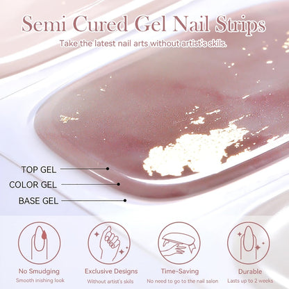 Gel Nail Art Kit Semi-Cured Nail Stickers 20 Designs with Portable UV Lamp Full Coverage Soft Gel Nail Patches Nude Nail Wraps for Women