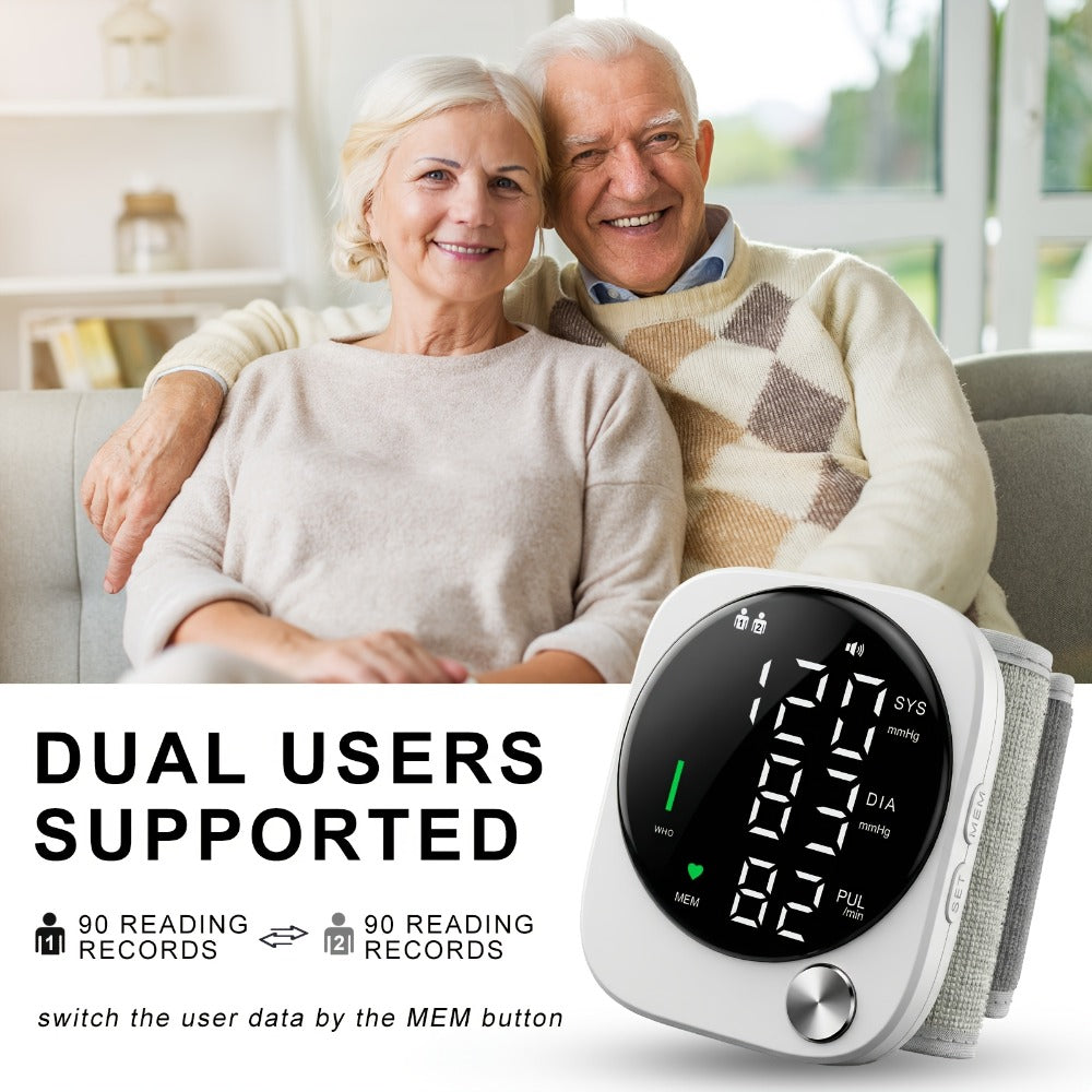 Blood Pressure Monitor for Wrist, USB-Rechargeable LCD Device with Voice and Dual-User Memory