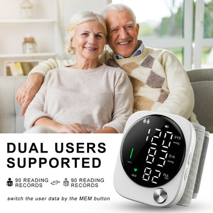 Blood Pressure Monitor for Wrist, USB-Rechargeable LCD Device with Voice and Dual-User Memory