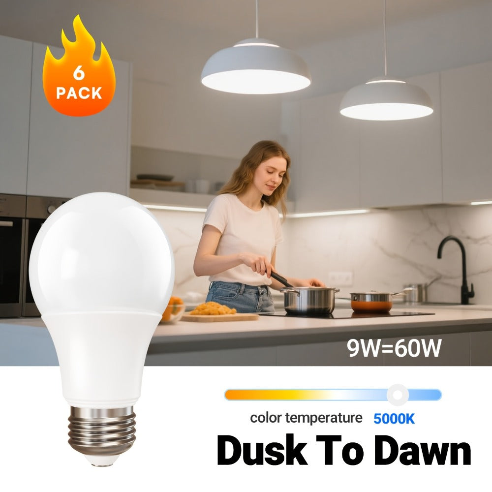 Dusk to Dawn LED Light Bulbs Photocell Sensor Auto On Off – 9W 60W Equivalent E26 Base 5000K for Home, Desk and Accent Lighting