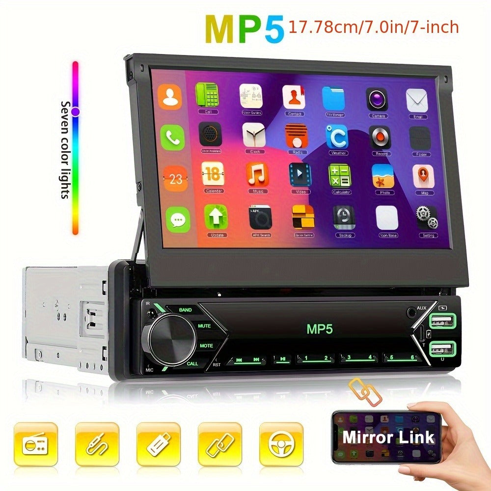 Single DIN Car Stereo – 7" HD Retractable Touchscreen, MP5 Player, Mirror Link, Bluetooth Hands-Free, FM Radio, USB & AUX
