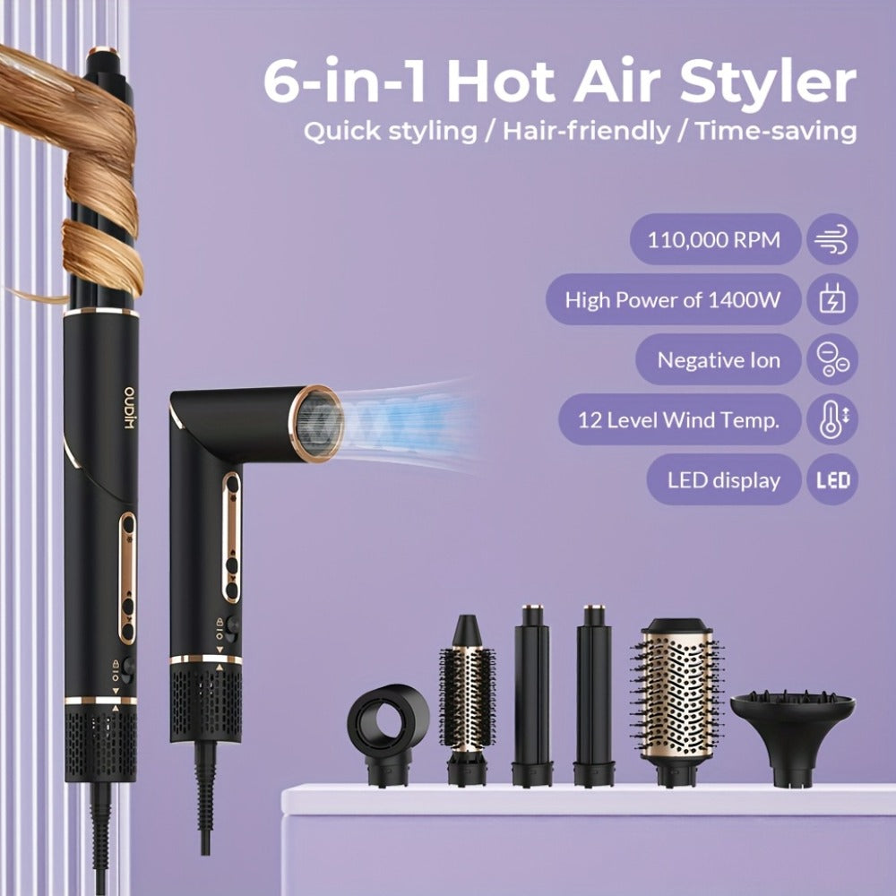 OUDIM 6-in-1 Hot Air Brush Hair Styling Tool with 110, 000 RPM Motor, Foldable Handle and Storage Bag