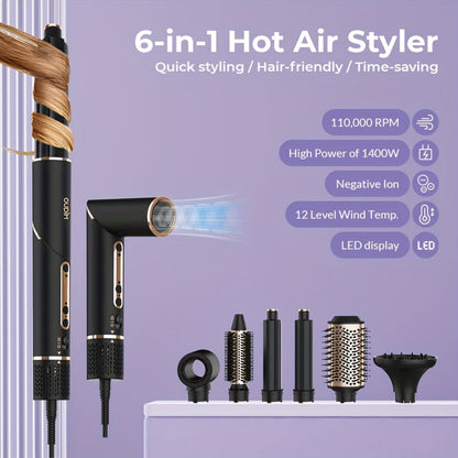 OUDIM 6-in-1 Hot Air Brush Hair Styling Tool with 110, 000 RPM Motor, Foldable Handle and Storage Bag