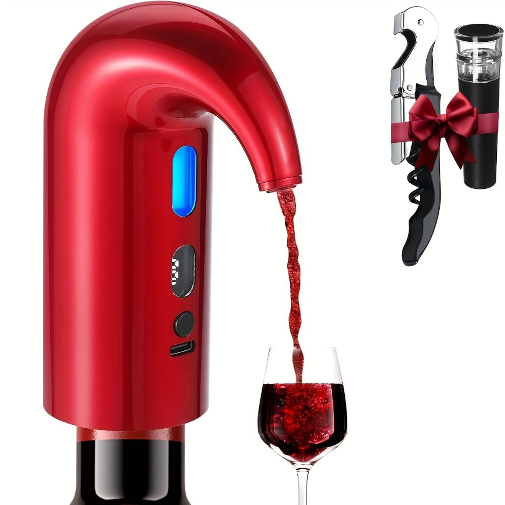 Electric Wine Aerator and Dispenser with Red or Black Housing, Three Checkout Configurations and Pictured Accessories