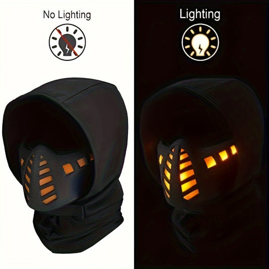 LED Commander Costume Mask with Amber Light Panels, Black Lower-Face Shell and Hood-Style Fabric Cover
