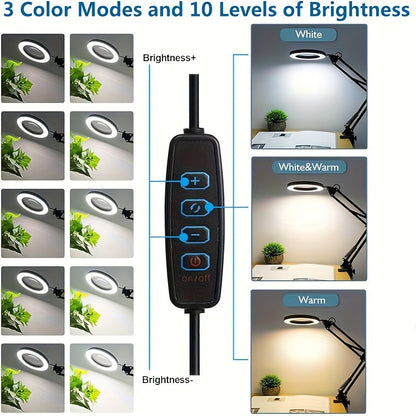 15X Magnifying Lamp with Clamp & Flexible Arm, USB LED Desk Light, 3 Color Modes 10 Brightness Levels