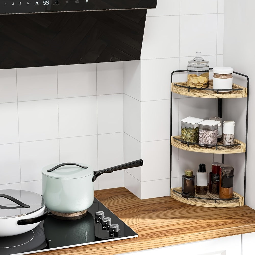 3-Layer Rustic Corner Countertop Storage Rack, 16.93" Wooden Vanity Organizer & Space-Saving Shelf for Bathroom