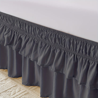 Double Ruffle Bed Skirt 16" Drop, Elastic Wrap Around Dust Ruffle for Twin Full Queen King Bed, Easy Install Linen Poly Blend Bedskirt