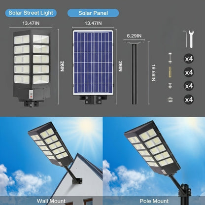 Solar Street Lights Outdoor 800 LED with Motion Sensor, 6500K Dusk to Dawn Flood Light, Remote Control