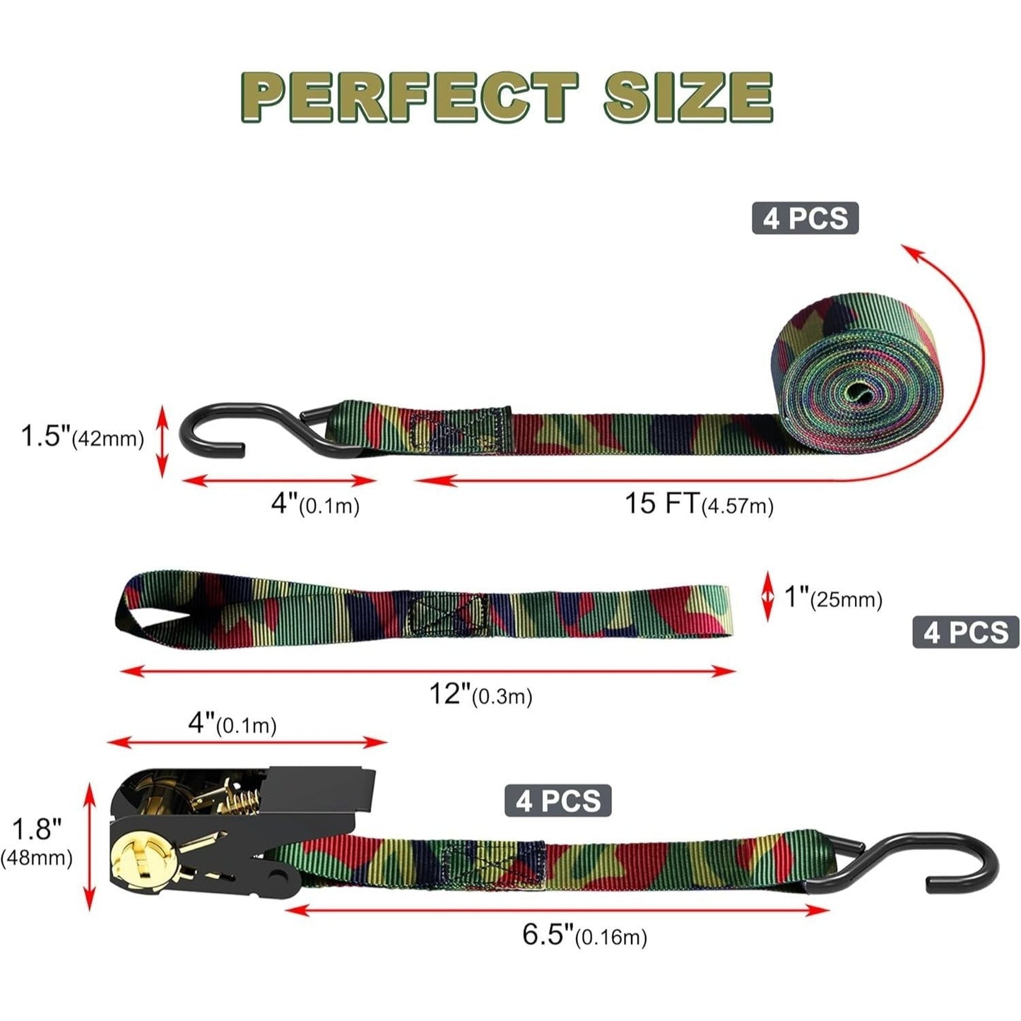 Ratchet Tie Down Straps 4-Pack 15FT 1, 500 lb Break Strength Heavy Duty with Soft Loops & Storage Bag – High-Visibility Webbing
