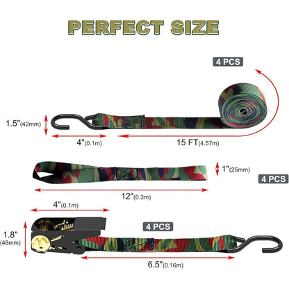 Ratchet Tie Down Straps 4-Pack 15FT 1, 500 lb Break Strength Heavy Duty with Soft Loops & Storage Bag – High-Visibility Webbing