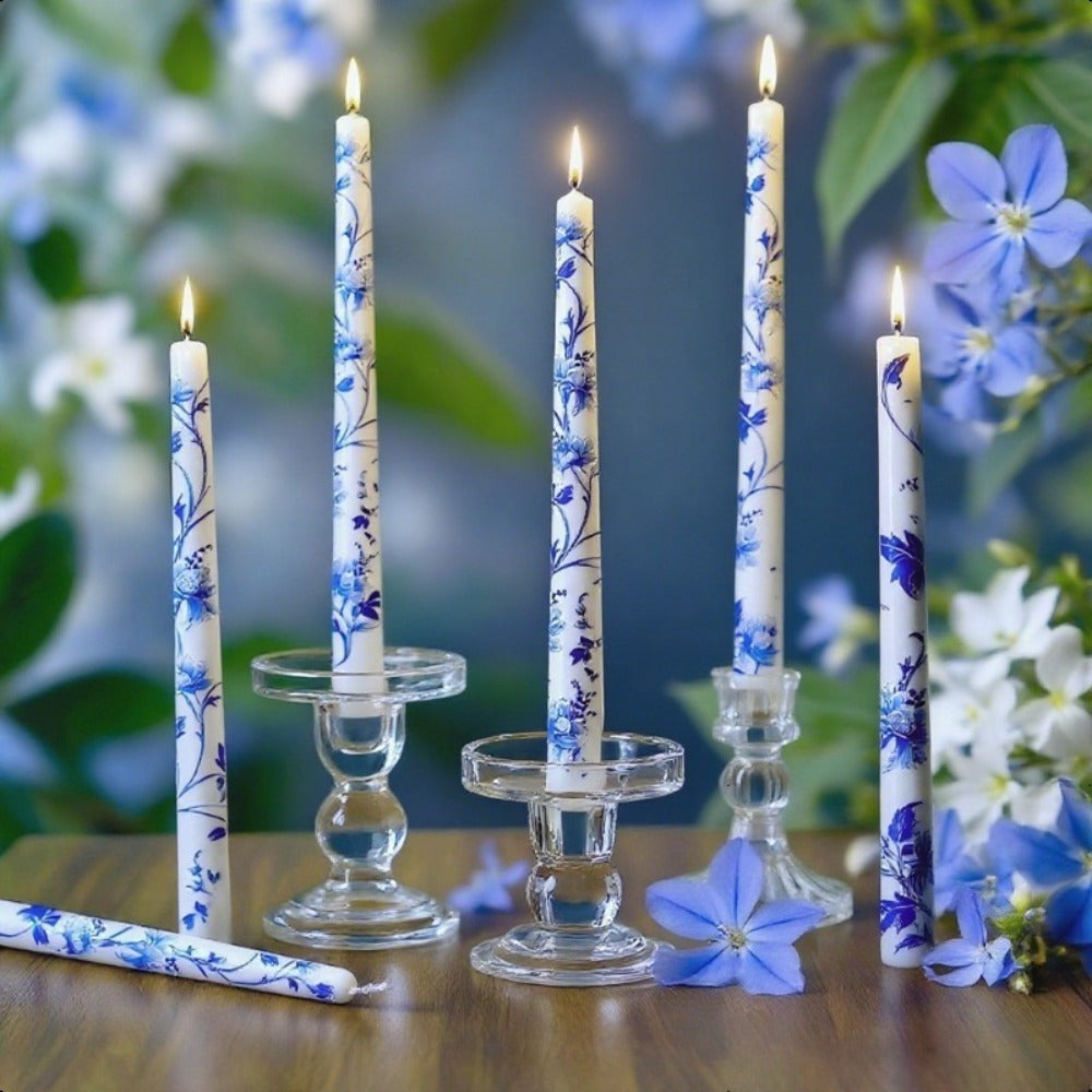 Taper Candles Blue White Porcelain 6-Pack 10 Inch for Everyday Face, Beard and Body Grooming