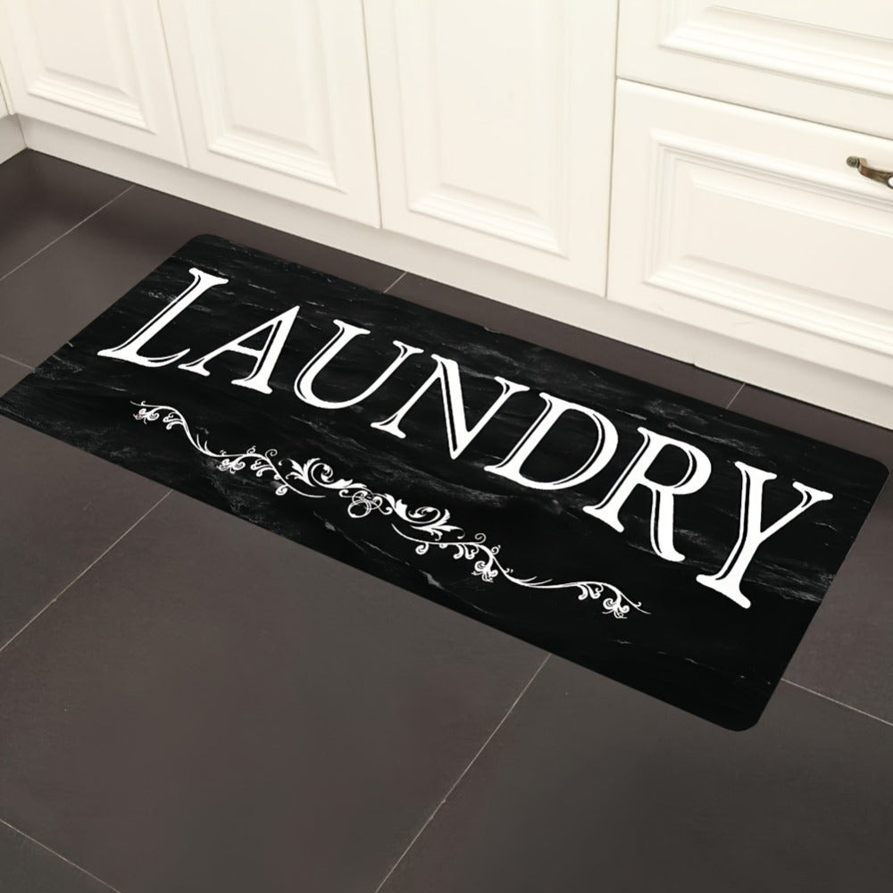 Laundry Room Mat Black & White LAUNDRY Text Non-Slip Machine Washable – Soft Polyester Cut-Pile Floor Rug for Laundry Room, Bathroom