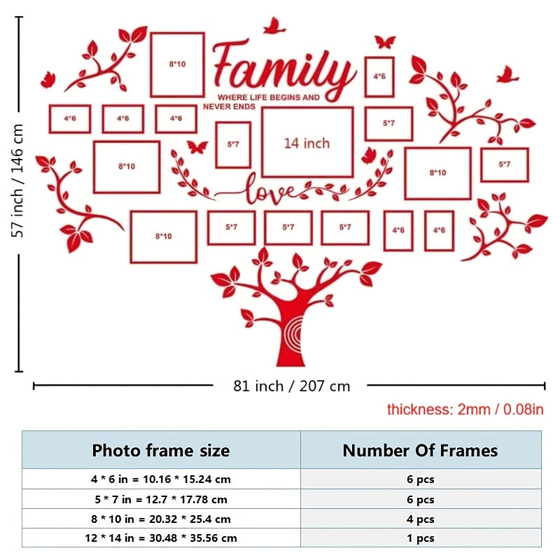 Family Tree Wall Sticker 3D Acrylic Photo Frame Collage – Removable Leaf-Shaped Picture Display with "Family" & "Love" Text