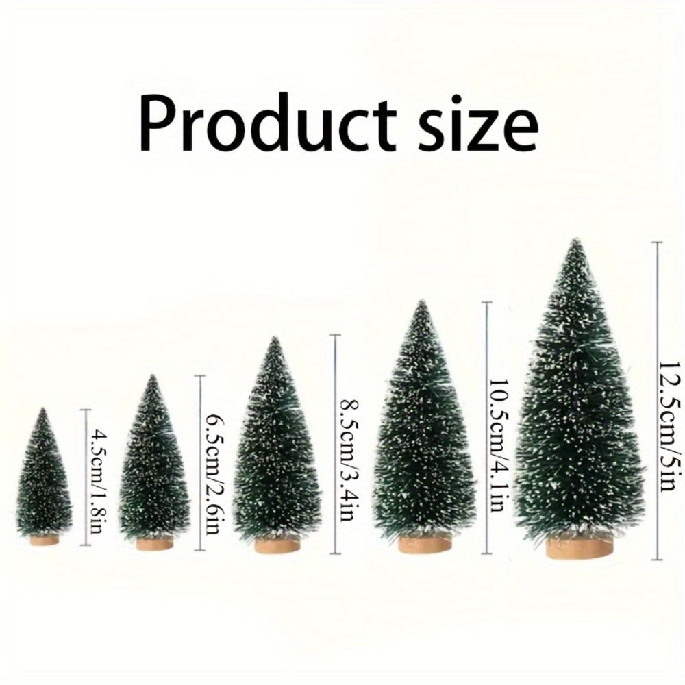 Mini Artificial Christmas Trees Set of 15, Bottle Brush Tabletop Trees with Wooden Base & Snowflake Sprinkles