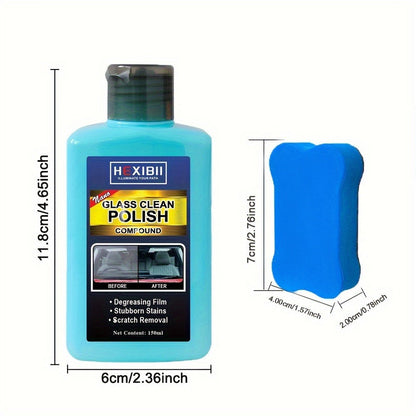 Car Glass Polish by HEXIBII, 150ml Oil-Film Cleaner Compound with Two Sponge Applicators for Windshields